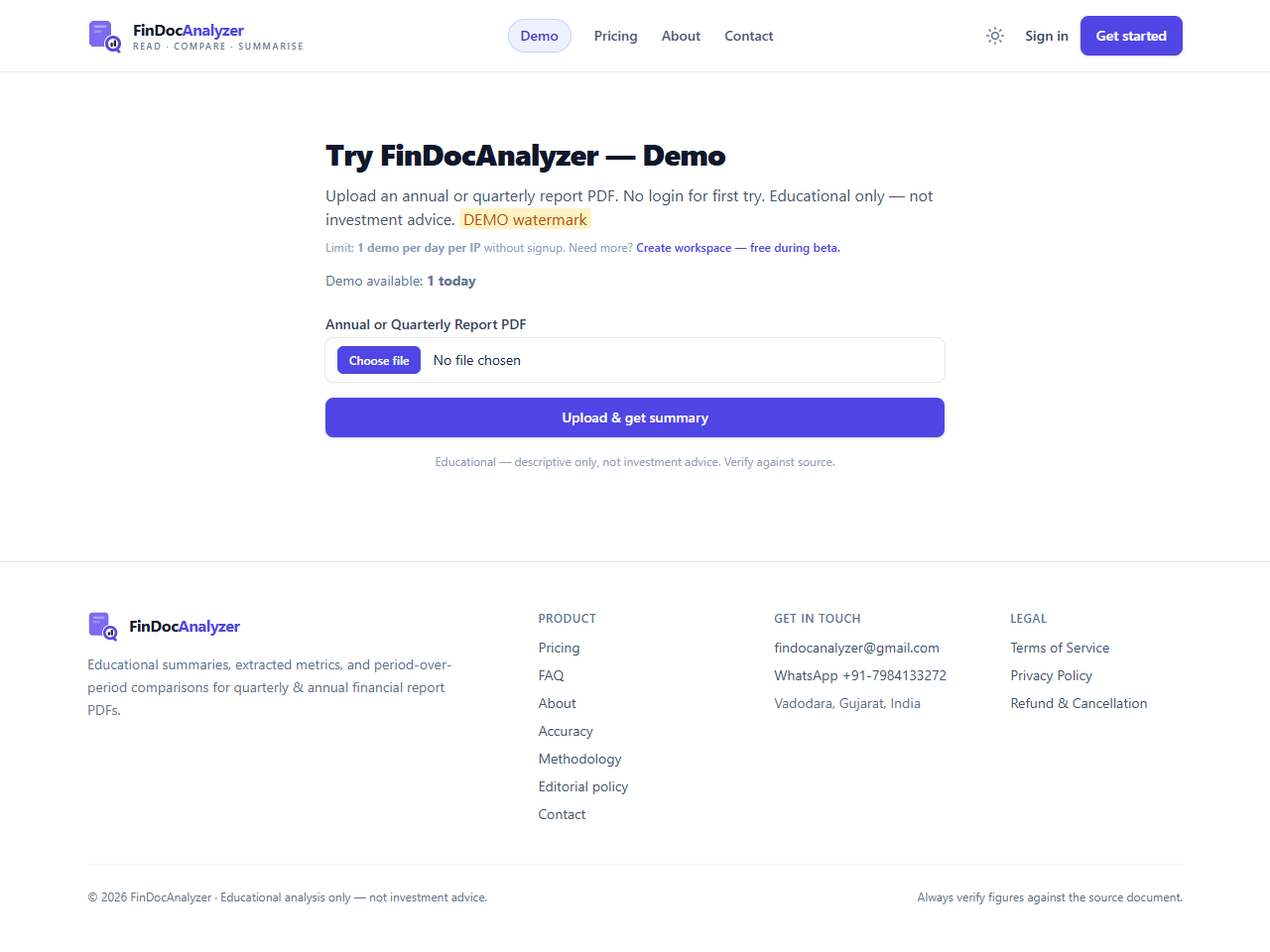 FinDocAnalyzer public demo with the financial PDF upload field and Upload and get summary button